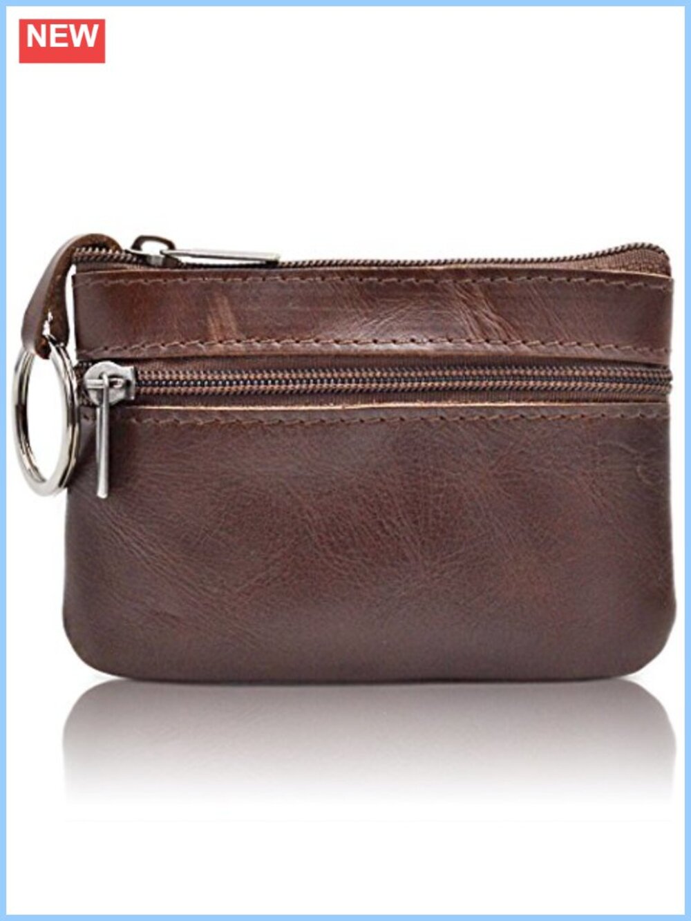 Genuine Leather Coin Pouch Mini Wallet Double Zipper Key Ring